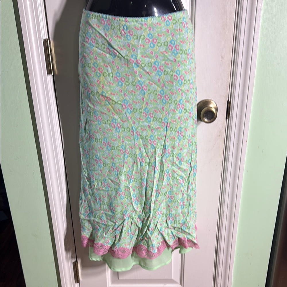 Sigrid Olsen Sport Light Green & Pink Floral 90s Y2K Midi Slip Skirt Size Med P